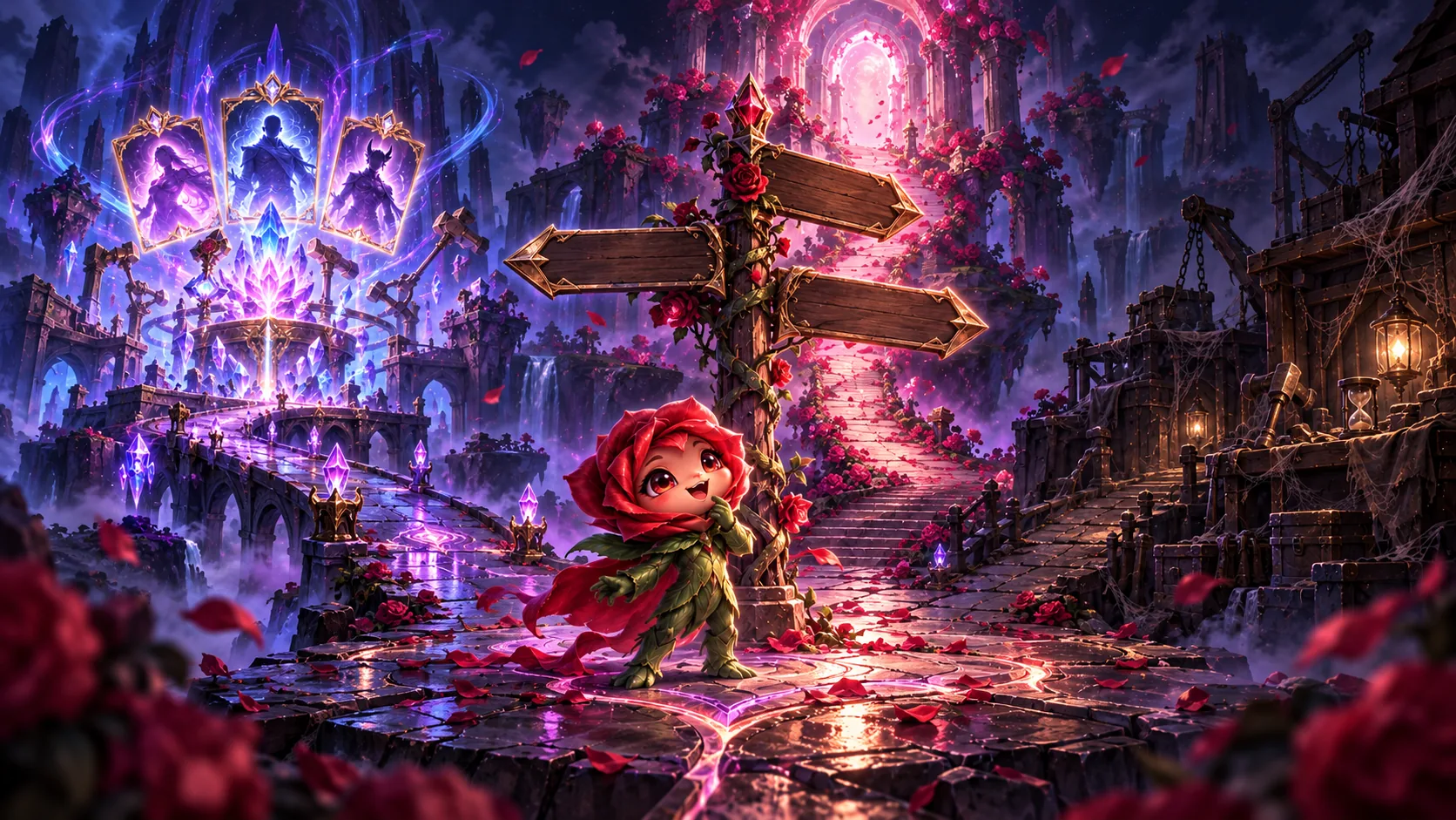 Illustration of a rose mascot at a crossroads signpost, with paths to a glowing crystal forge, a dusty old workbench and a trail of rose petals