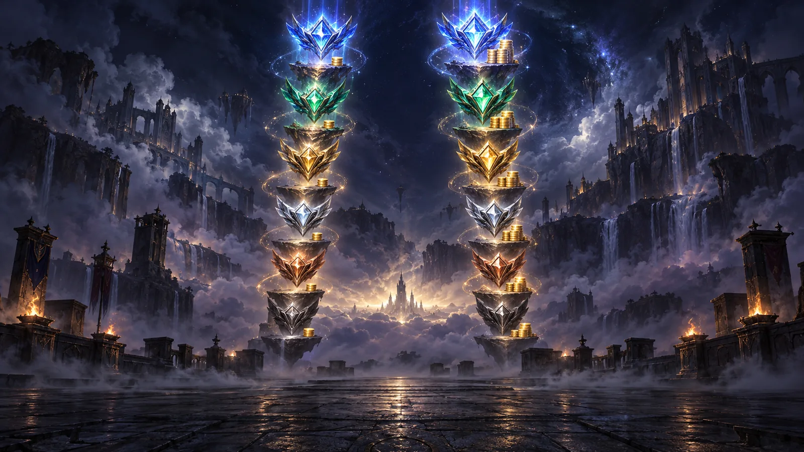 Two ladders of glowing rank emblems rise into the night, gold coins on every rung, the left stacks smaller