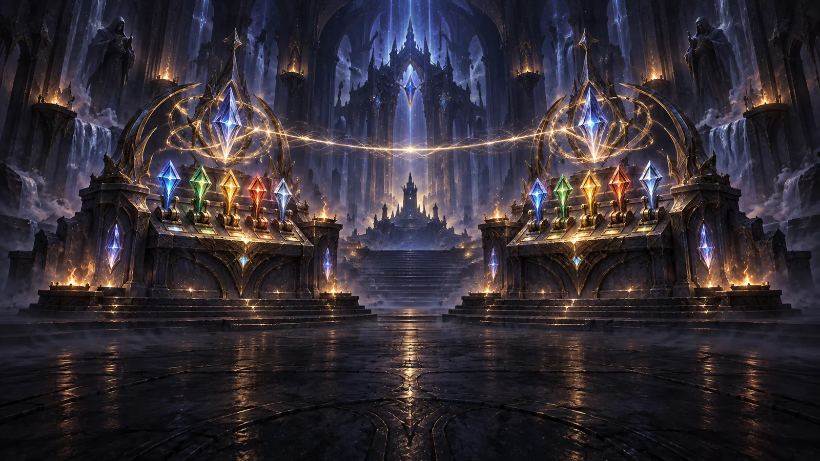 Two identical glowing consoles face each other across a dark hall, the same crystal switches lit on both