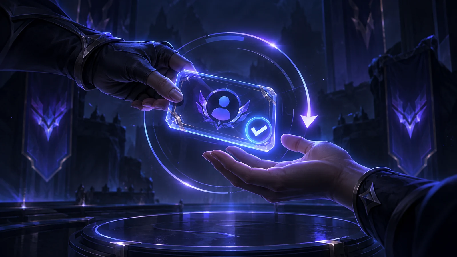 A glowing holographic account token passed between two hands, marked with a verification checkmark
