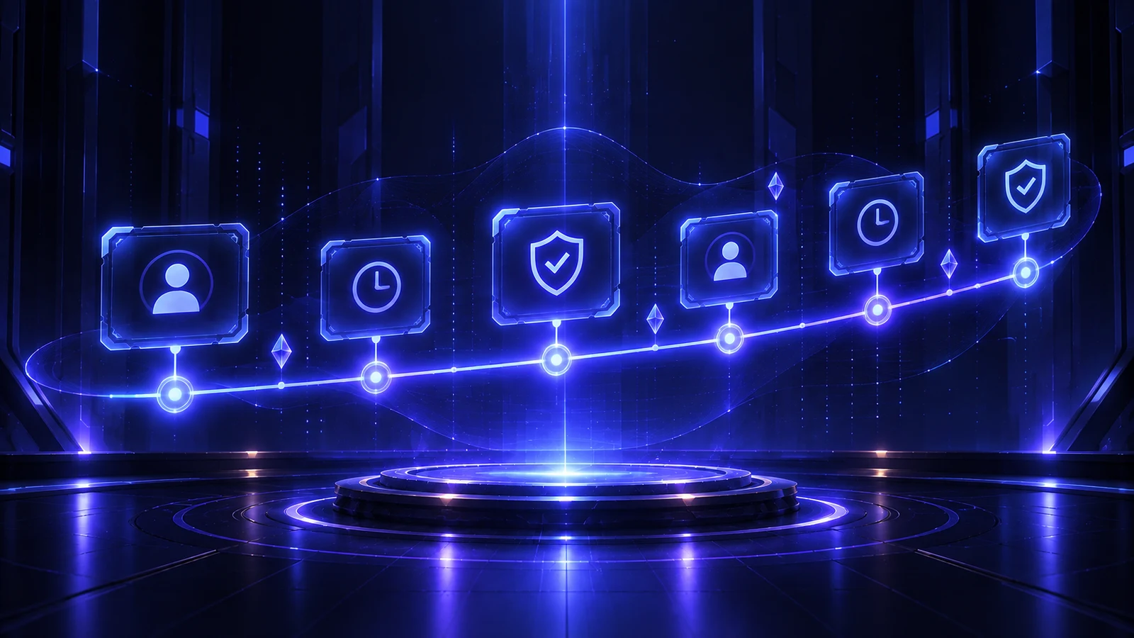 A glowing timeline of login checkpoints, each rendered as a small holo-panel with a clock or account icon