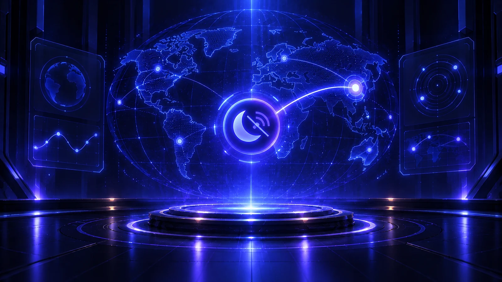 A stylized world map with a single glowing connection routed to one regional node, centered on an offline status icon