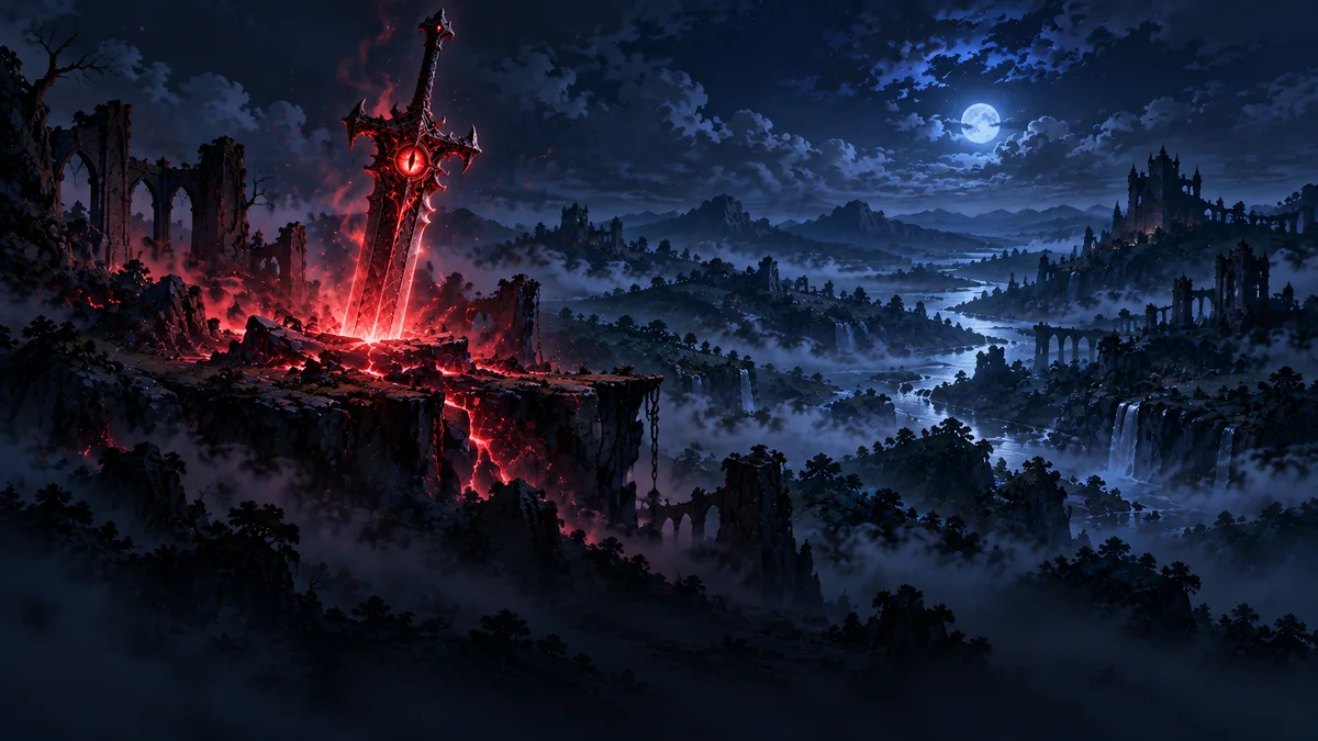 A vast crimson greatsword stands embedded in a cliff above a glowing valley