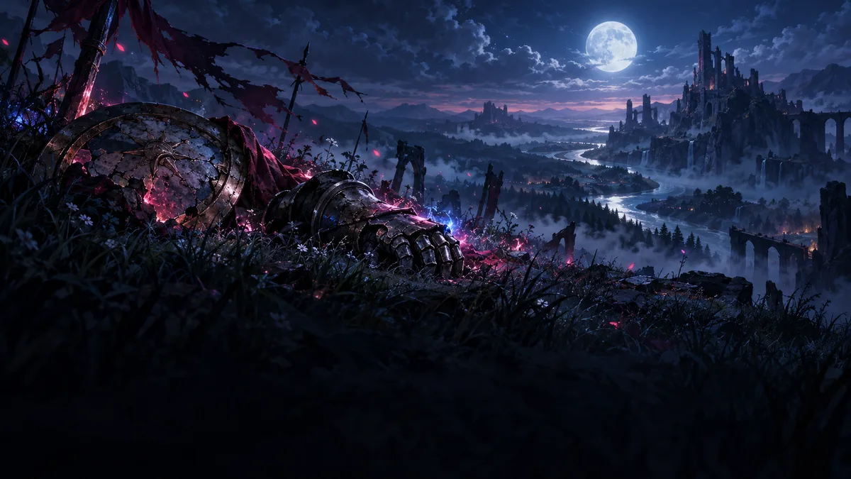A cracked metal gauntlet lies in the grass under a cold moon