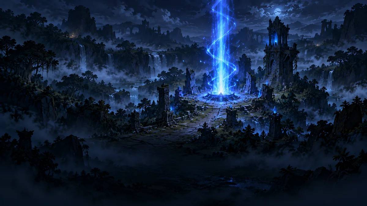 A pillar of blue light rises from a stone lane beside a ruined tower at night