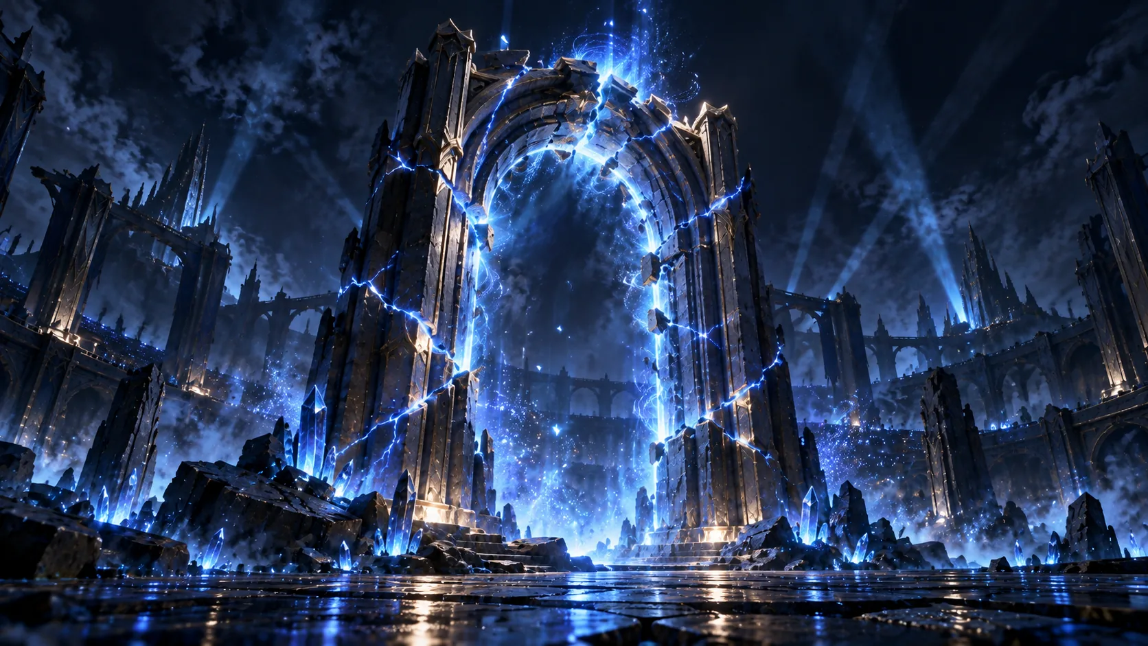 A cracked stone arch with a faint blue light beginning to glow through the fissure