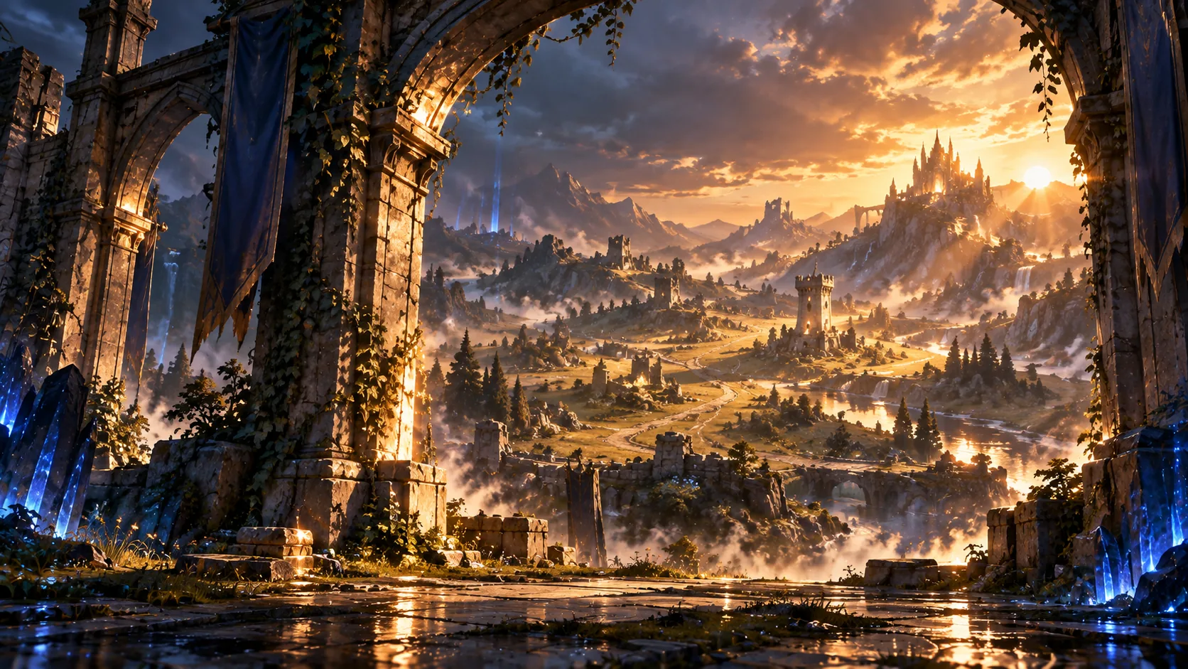 A weathered stone gateway opens onto a warm, sunlit Summoner's Rift from years ago