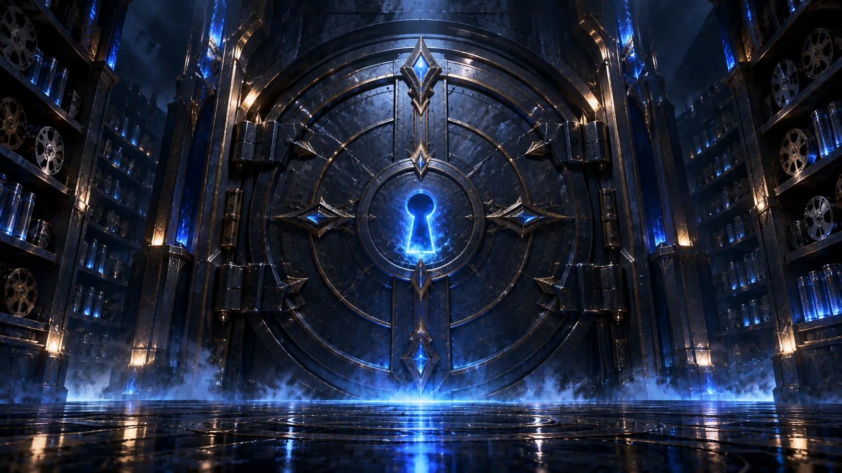 A heavy vault door with a single glowing blue keyhole stands in a dark archive of film reels
