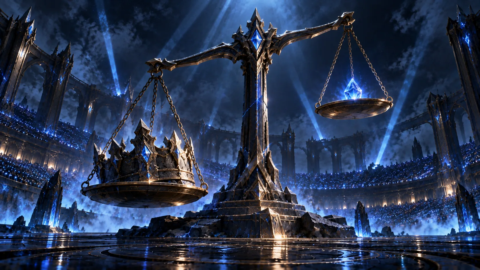 A scale of dark metal tips under a blue light, one pan weighed down by a carved stone crown
