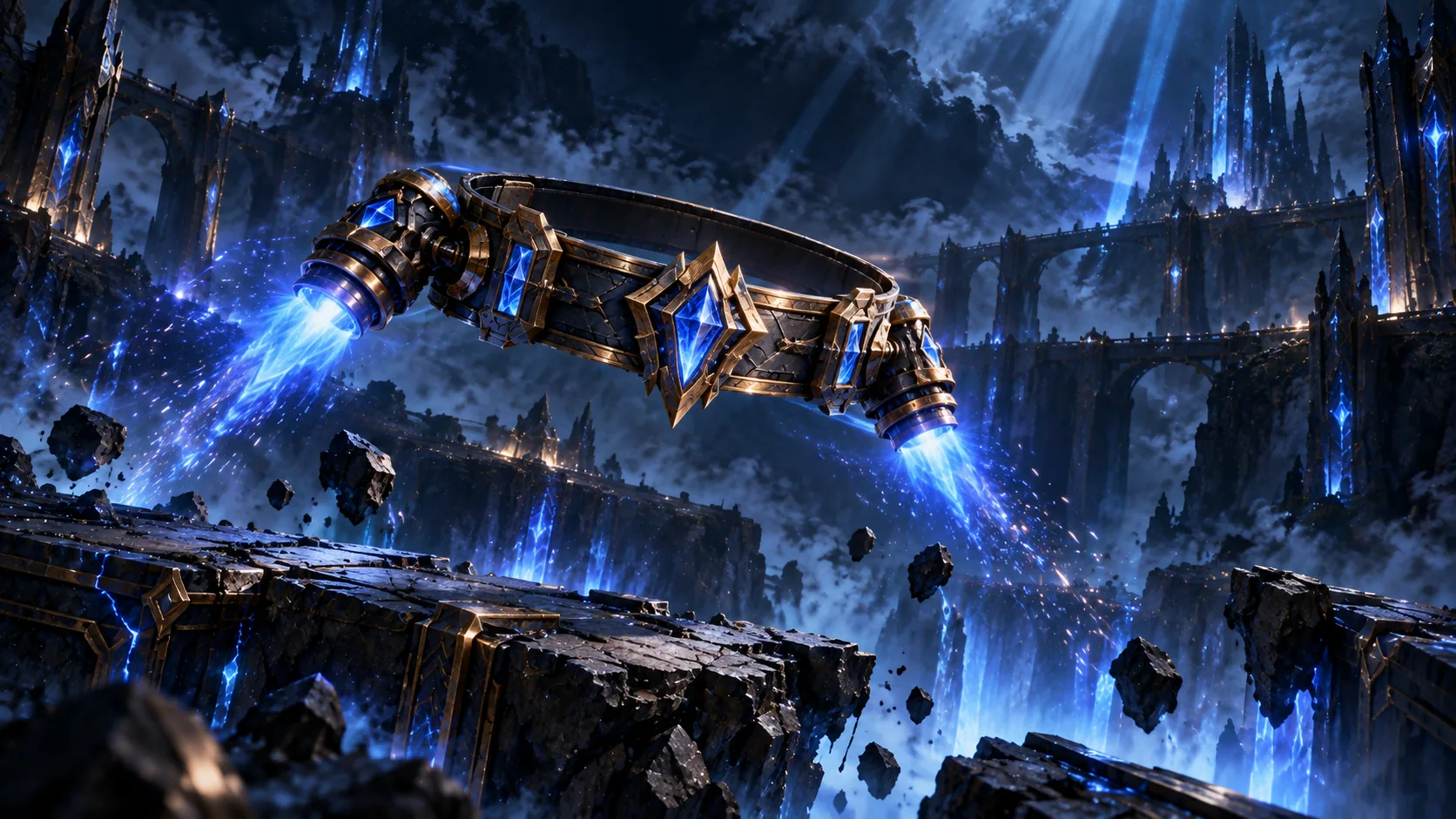 A hextech belt with two small glowing thrusters hangs in mid-air above a ruined bridge