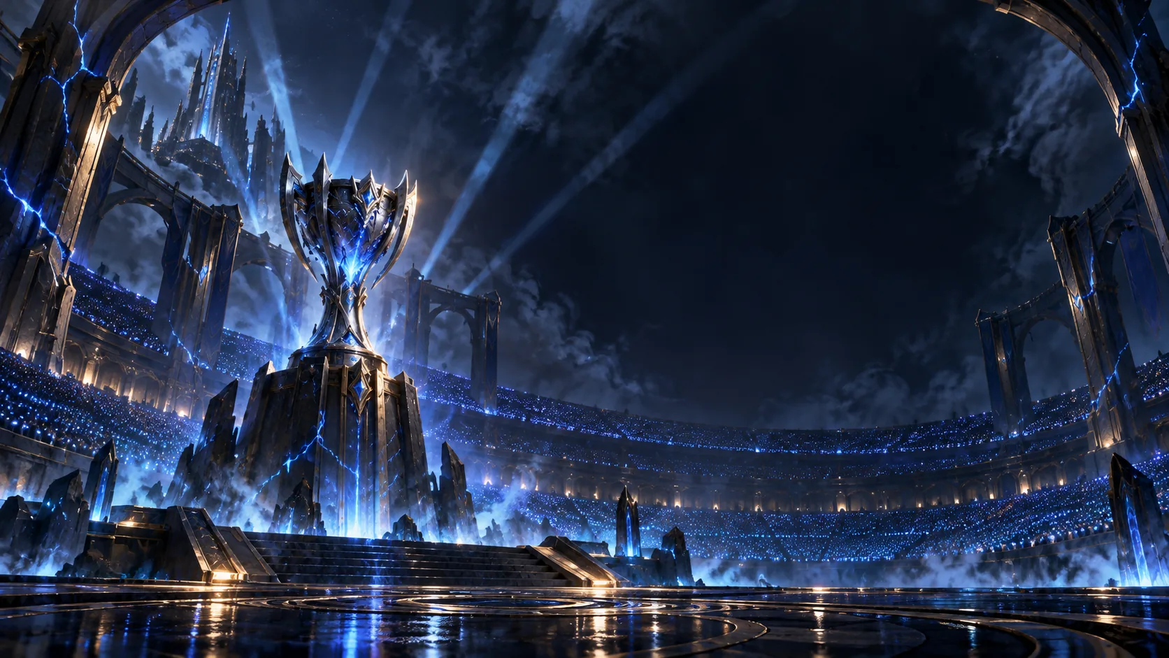 A silver trophy glows blue on a stone plinth at the centre of a vast dark arena under crossing beams of light