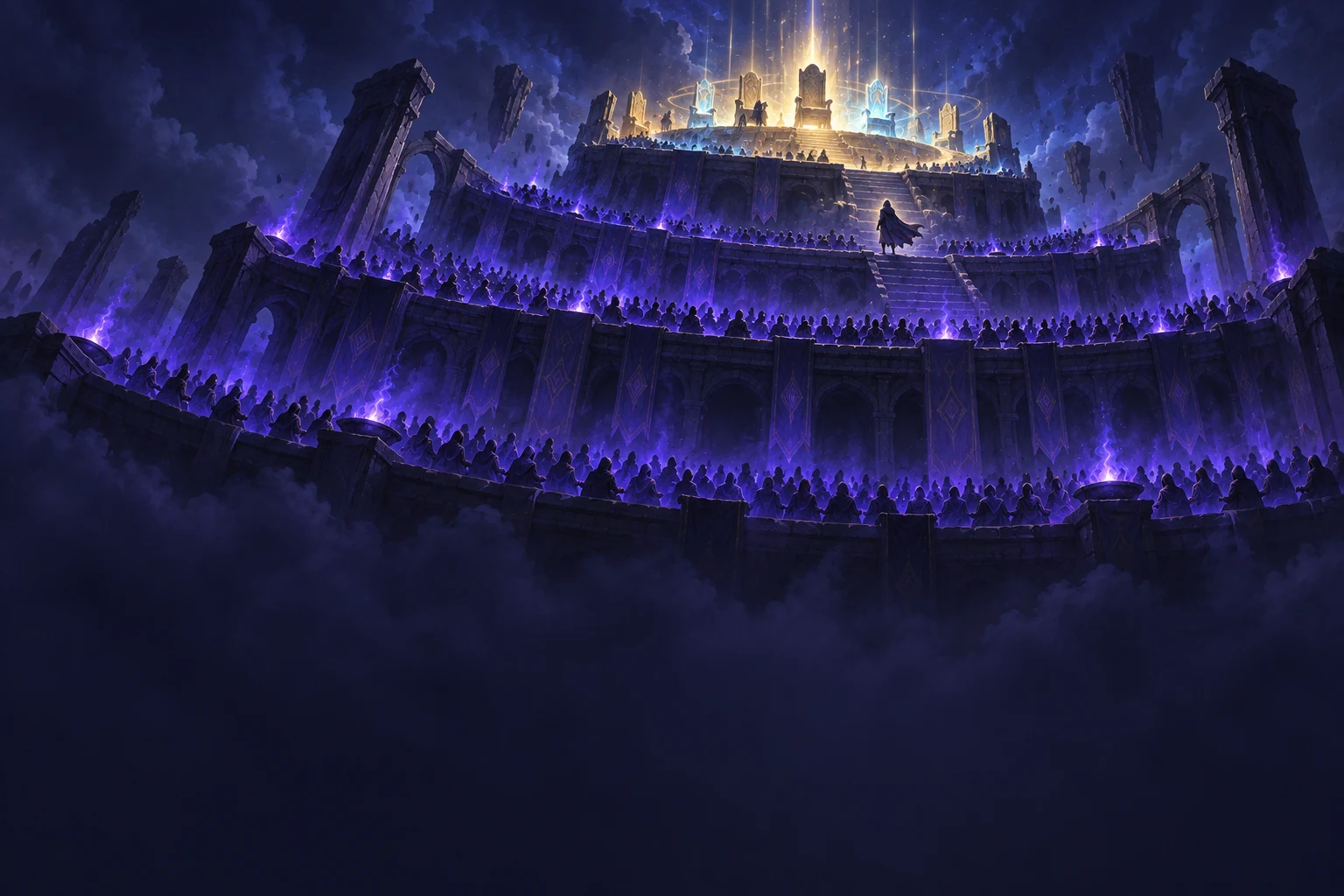 A stone amphitheater whose top ring holds only a few gold-lit seats