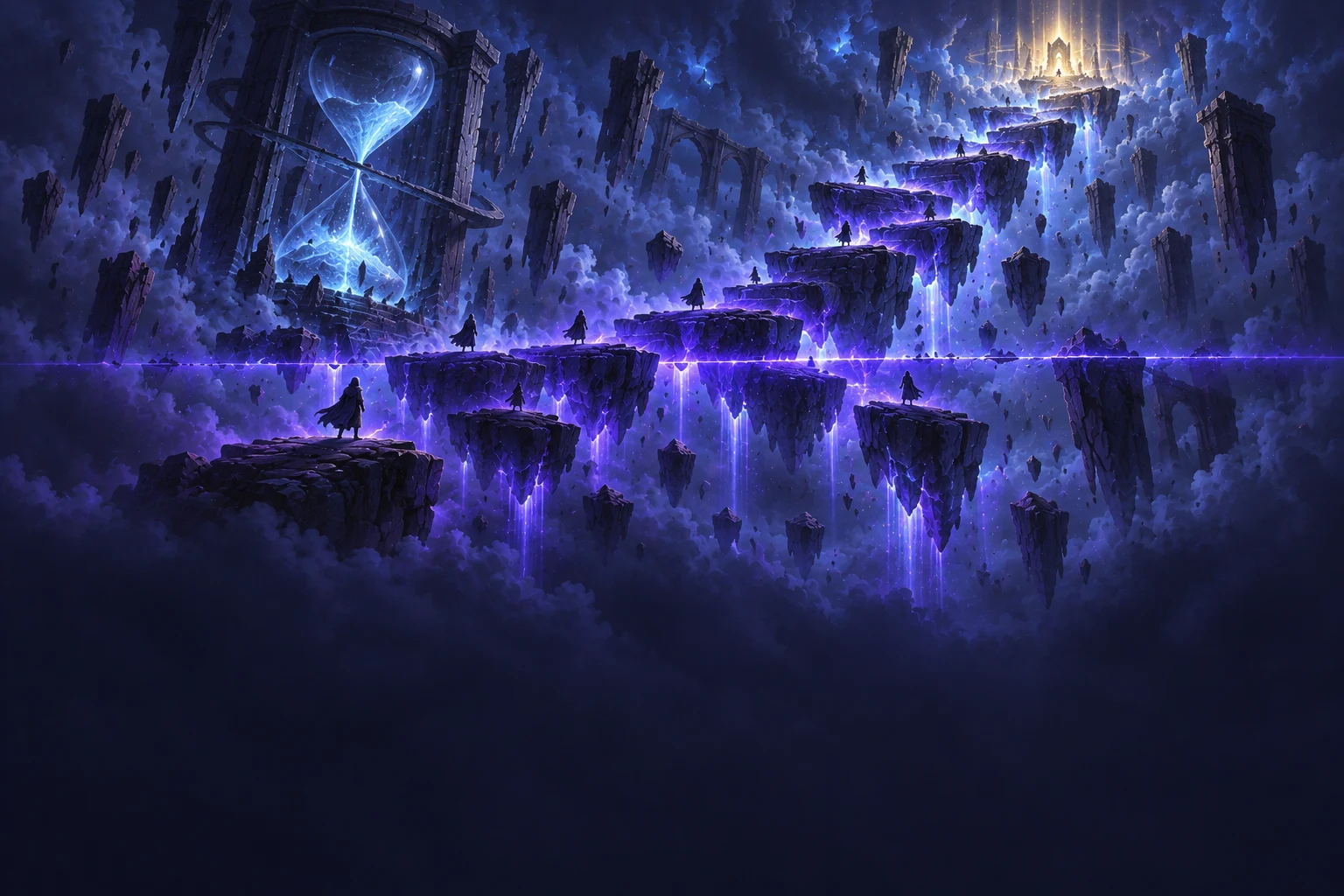 Floating stone steps shifting around a line of violet light, beside a glowing hourglass