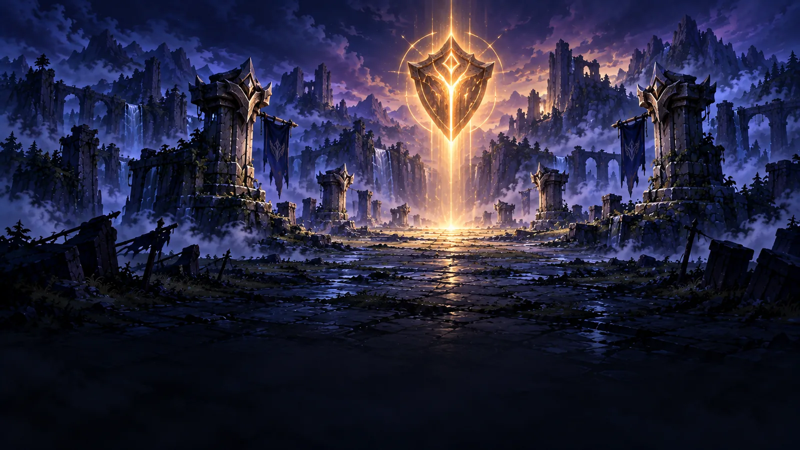 A radiant golden shield hovers over a battlefield at dusk