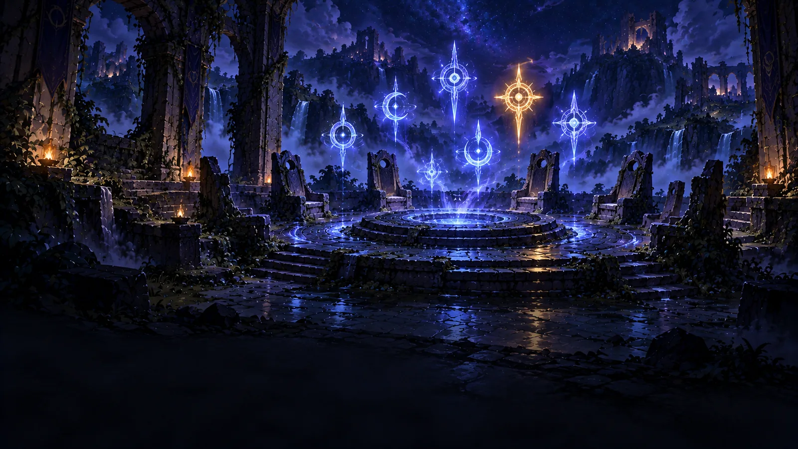 A round stone council chamber lit by glowing sigils