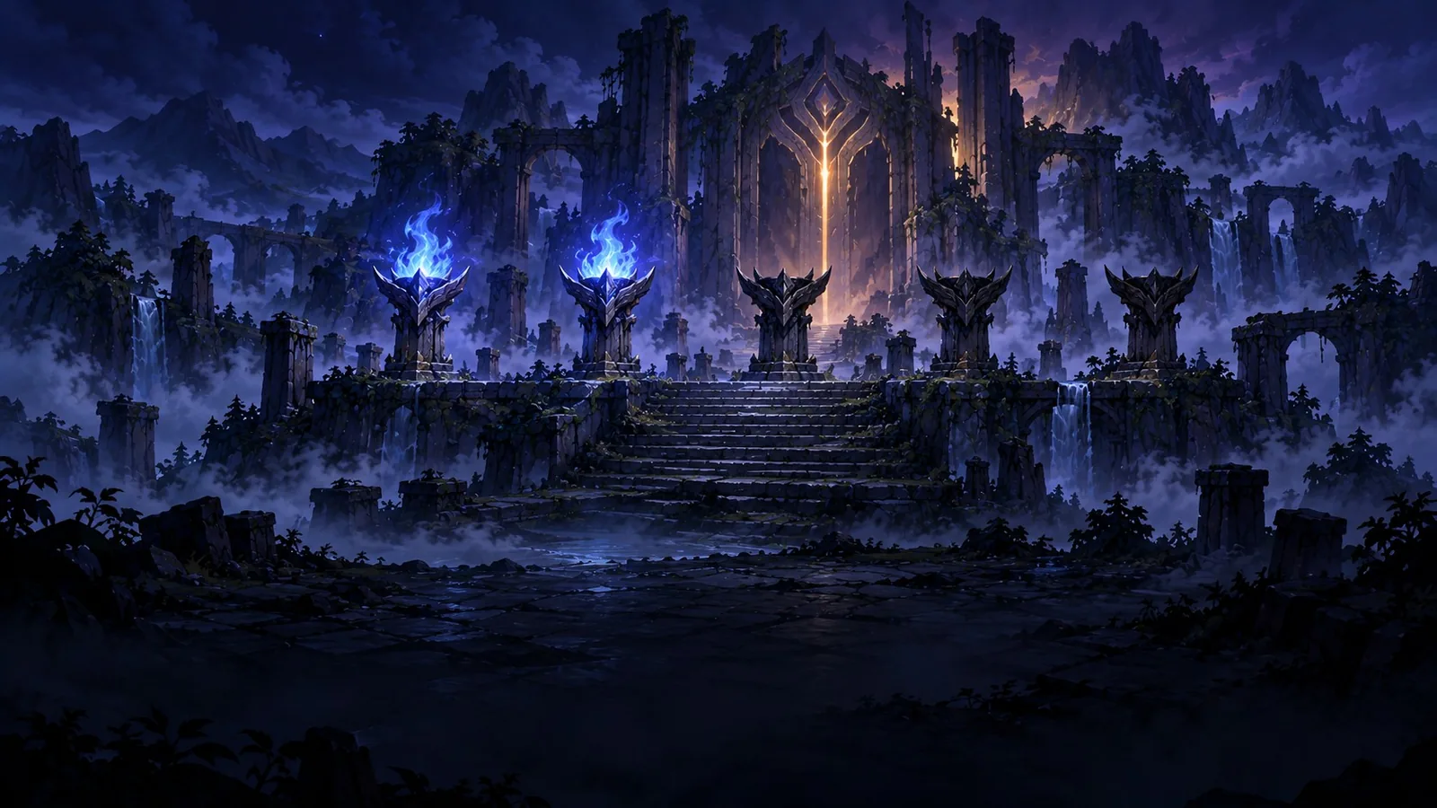 Five torches light a stone gate, the first two already burning bright