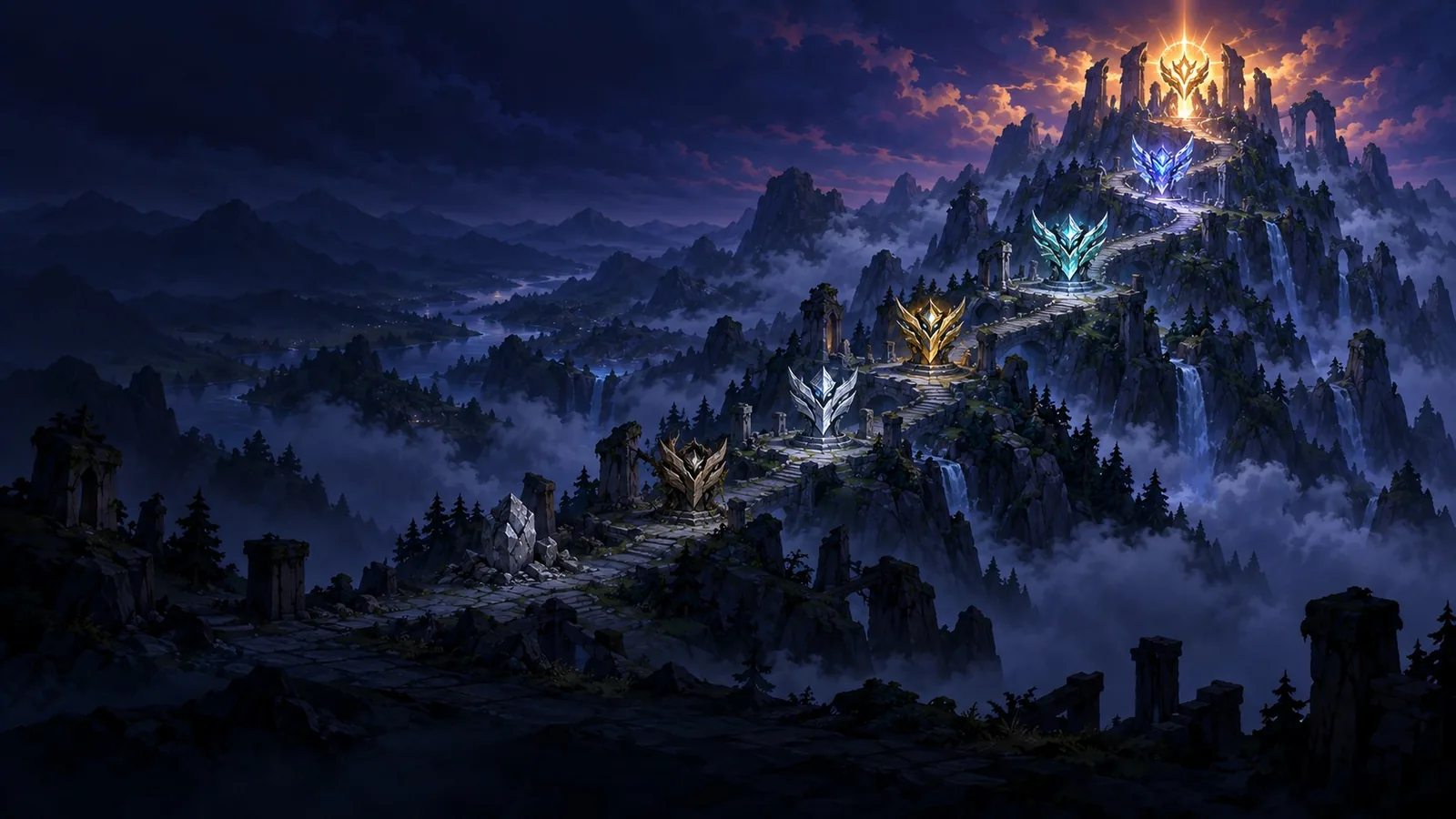 Seven stone emblems climb a mountain path toward a glowing peak