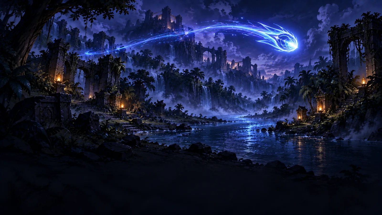 A slow glowing projectile crosses an old jungle river at night