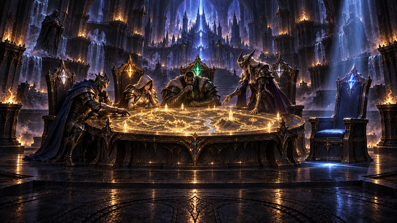 Four champions plan around a glowing war table while a fifth chair stands empty in a beam of light
