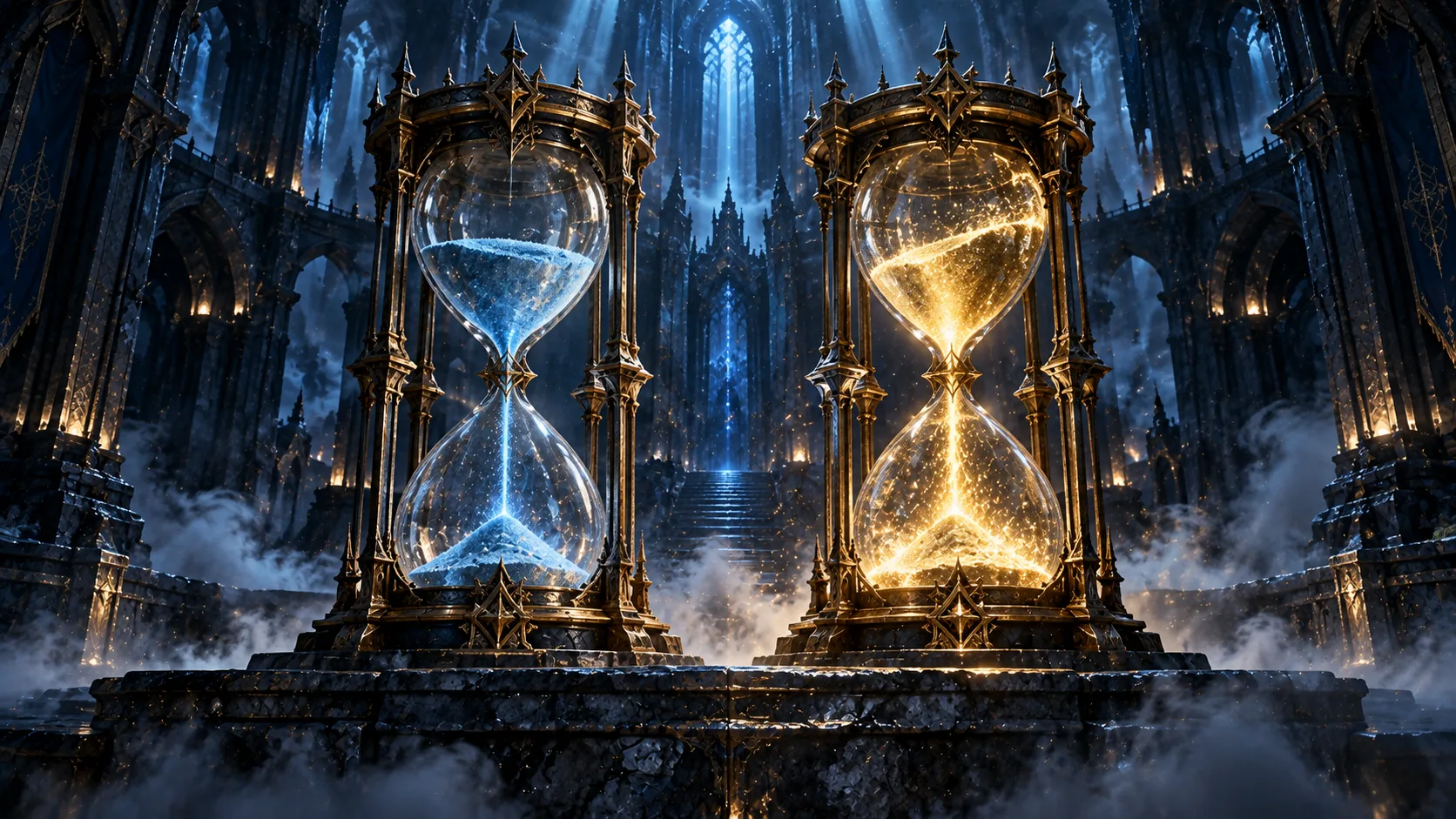 Two hourglasses stand side by side on a stone ledge, one glowing gold and running twice as fast