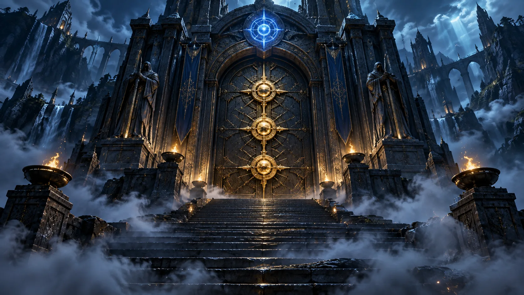 A tall stone gate stands at the top of a long staircase, a single blue rune glowing in its keystone
