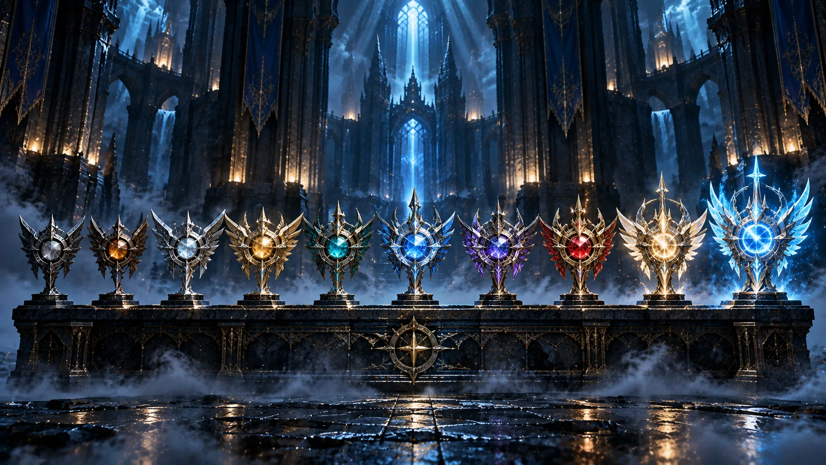 Ten winged rank crests glow in a row on a dark stone pedestal, from dull iron grey to blazing cyan