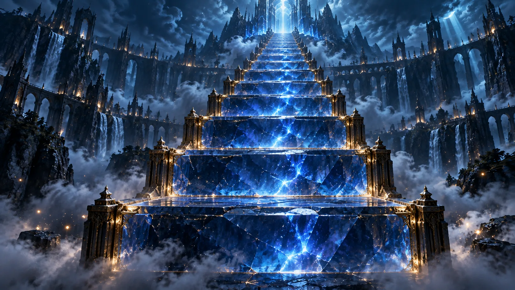 A staircase of glowing blue bars rises into the dark, each step taller than the last