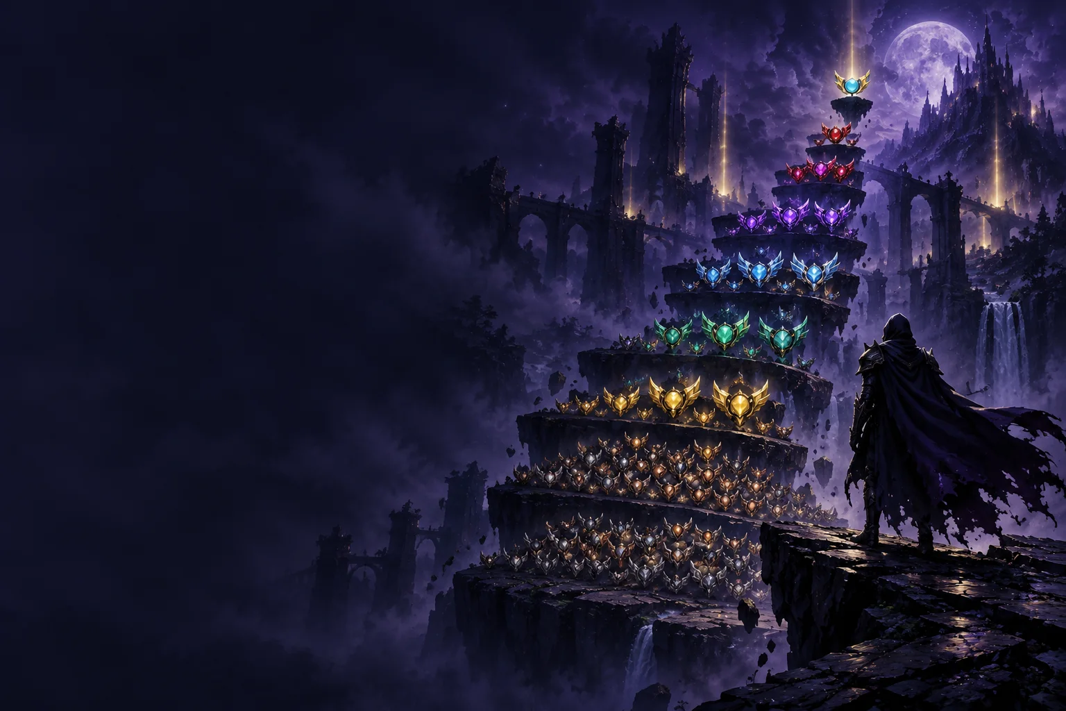 A tall stair of floating stone platforms covered in winged rank crests, a hooded figure looking up at it