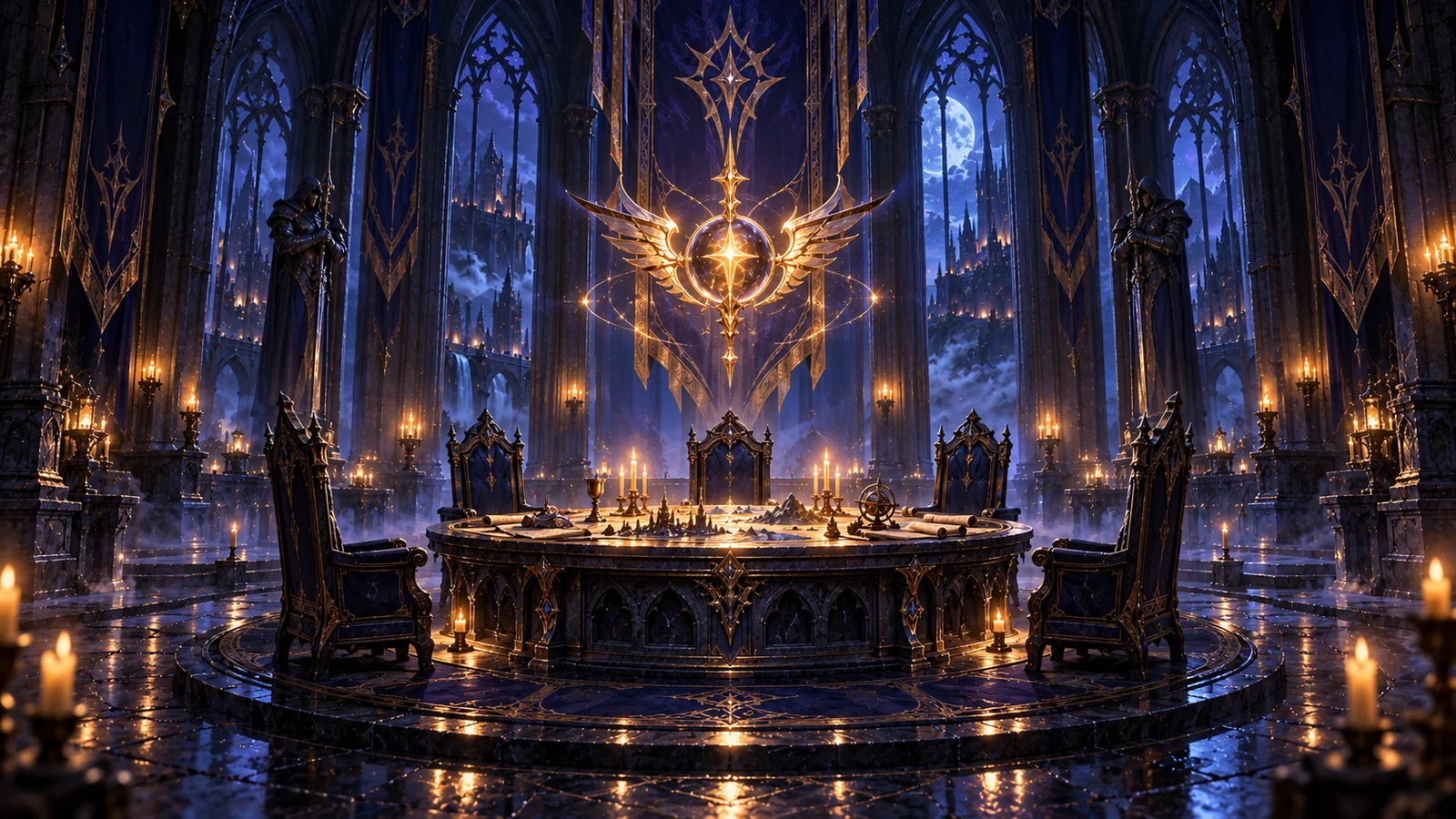 A winged golden emblem glows above a round war table with five empty chairs in a dark citadel hall