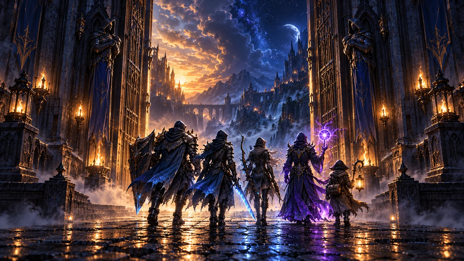 Five champions stand at a glowing gate under a weekend night sky, the gate open from dusk to the small hours