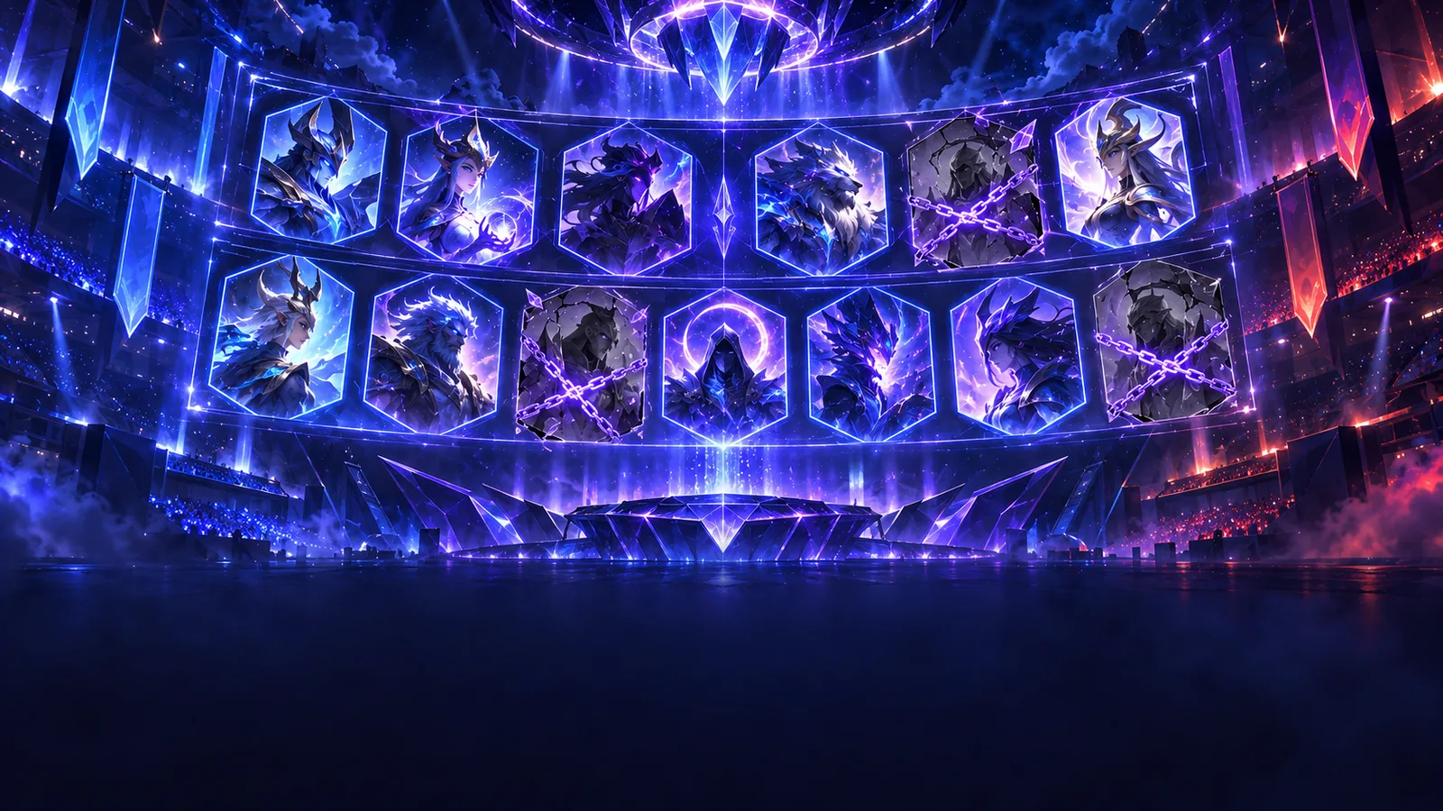 Champion portraits greyed out one by one across a draft board