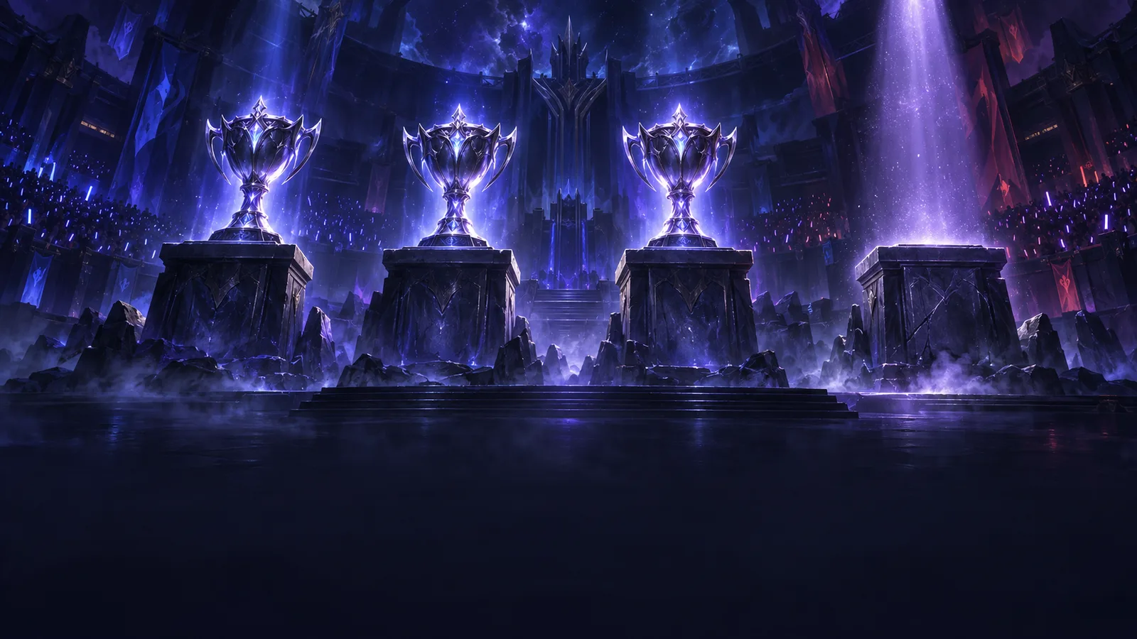 Three silver trophies on pedestals beside an empty fourth pedestal under a spotlight