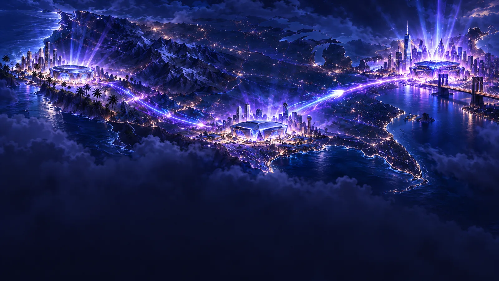 A glowing path across a night map of the United States linking arenas in Los Angeles, Texas and New York