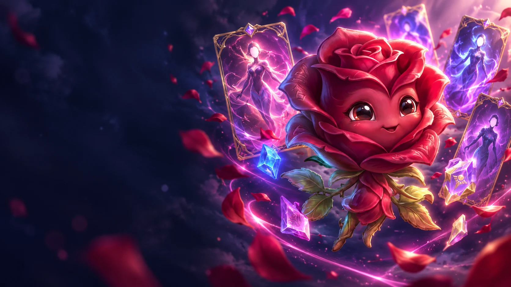 Illustration of a rose character surrounded by skin cards
