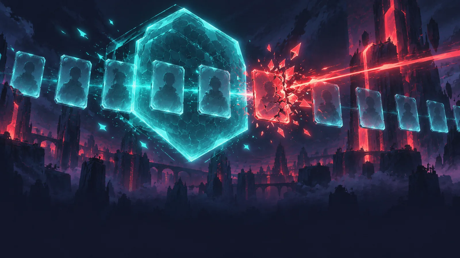 A glowing shield scans a line of floating account cards and blocks one