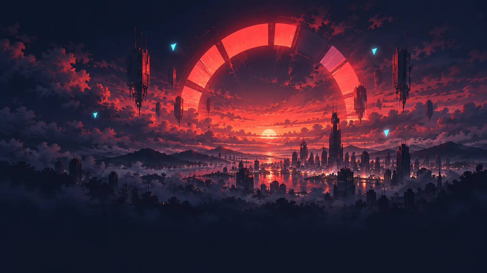 A glowing semicircular gauge of coral segments floats over a city at dusk