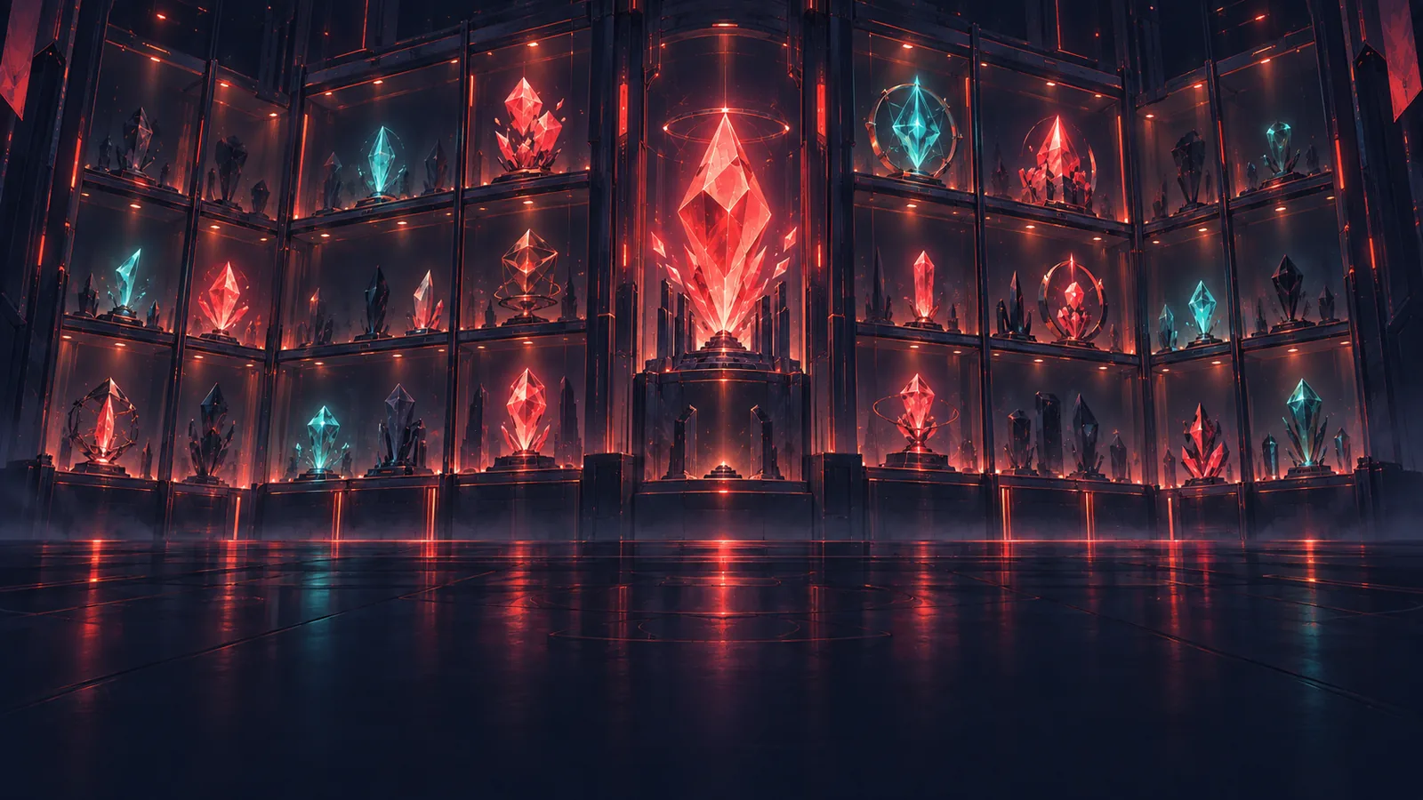 Rows of crystal rank emblems glow on dark shelves, some lit and some dim