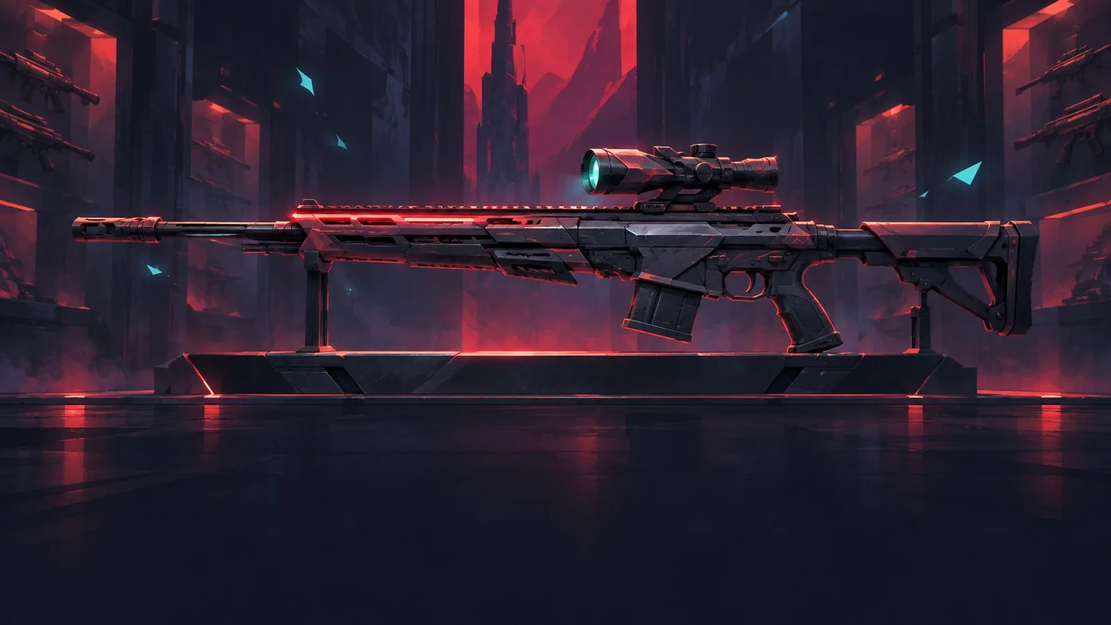 A long scoped rifle rests on a lit display plinth in a dark armoury