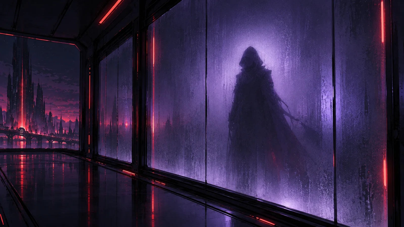 A hooded silhouette behind frosted violet glass