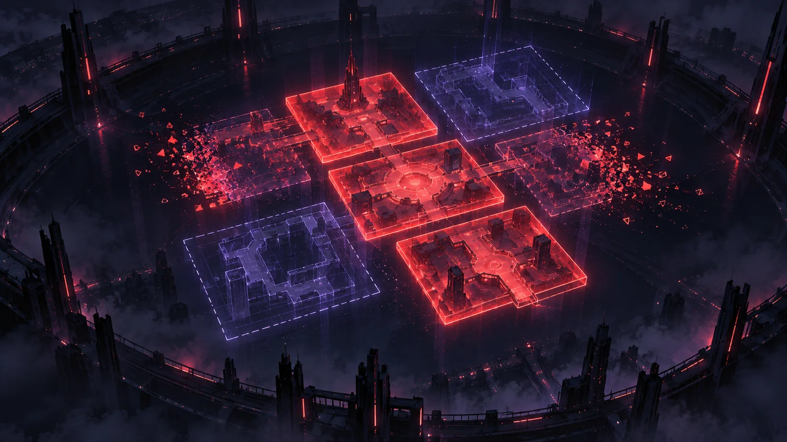 A holographic map table: three solid red tiles, two dashed ghost tiles arriving, two tiles breaking apart