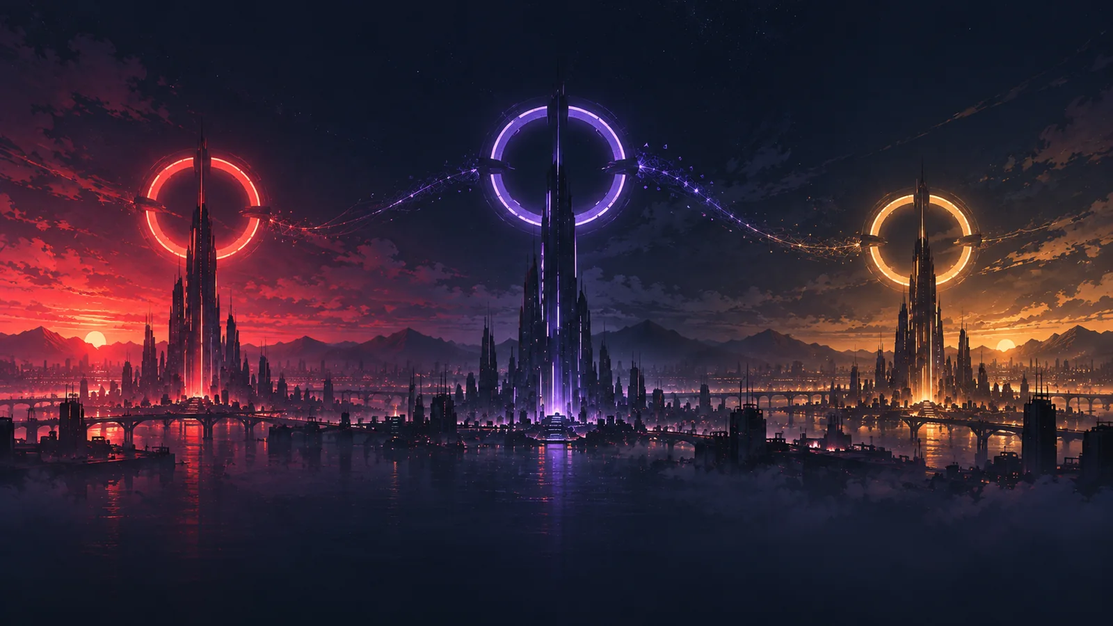 Three tall towers with glowing ring clocks, one in red sunrise, one in violet night, one in amber dusk