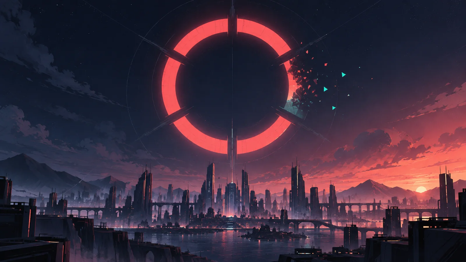A six-segment ring counts down above a futuristic city