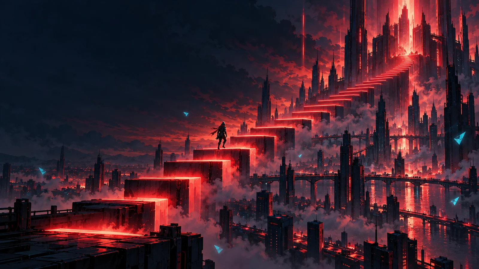 A city skyline at dusk with a rising staircase of glowing bars