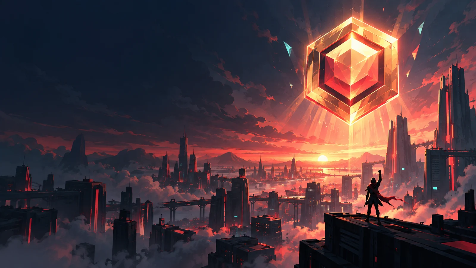 A sunrise over a futuristic city with a gold badge glowing in the sky