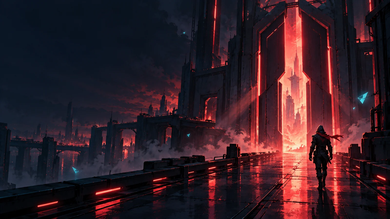 A glowing gate marked with the number 20 stands at the end of a neon corridor