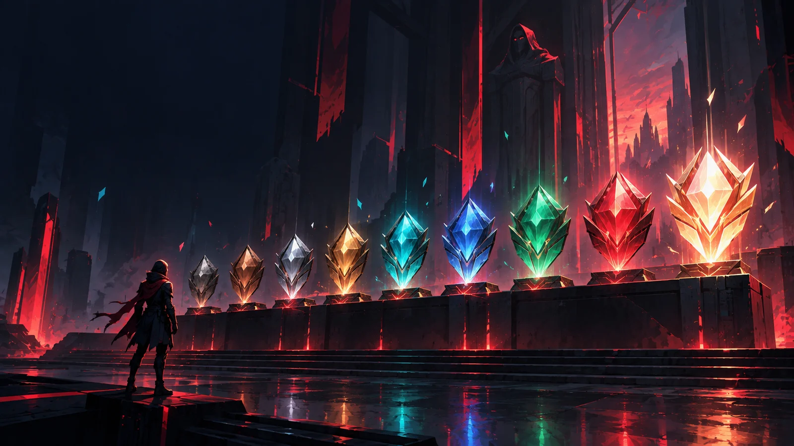 Rank emblems from Iron to Radiant glow in a row on a dark pedestal