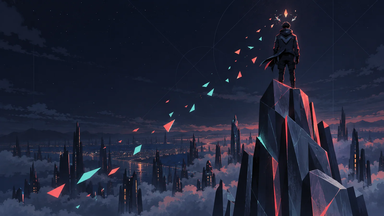 A fading crown sheds light above a player on a crystal tower