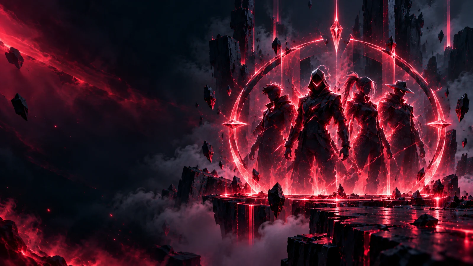 Four silhouetted figures standing together as a ring of red light closes around them, representing Valorant's four-stack party being blocked from queuing at any rank