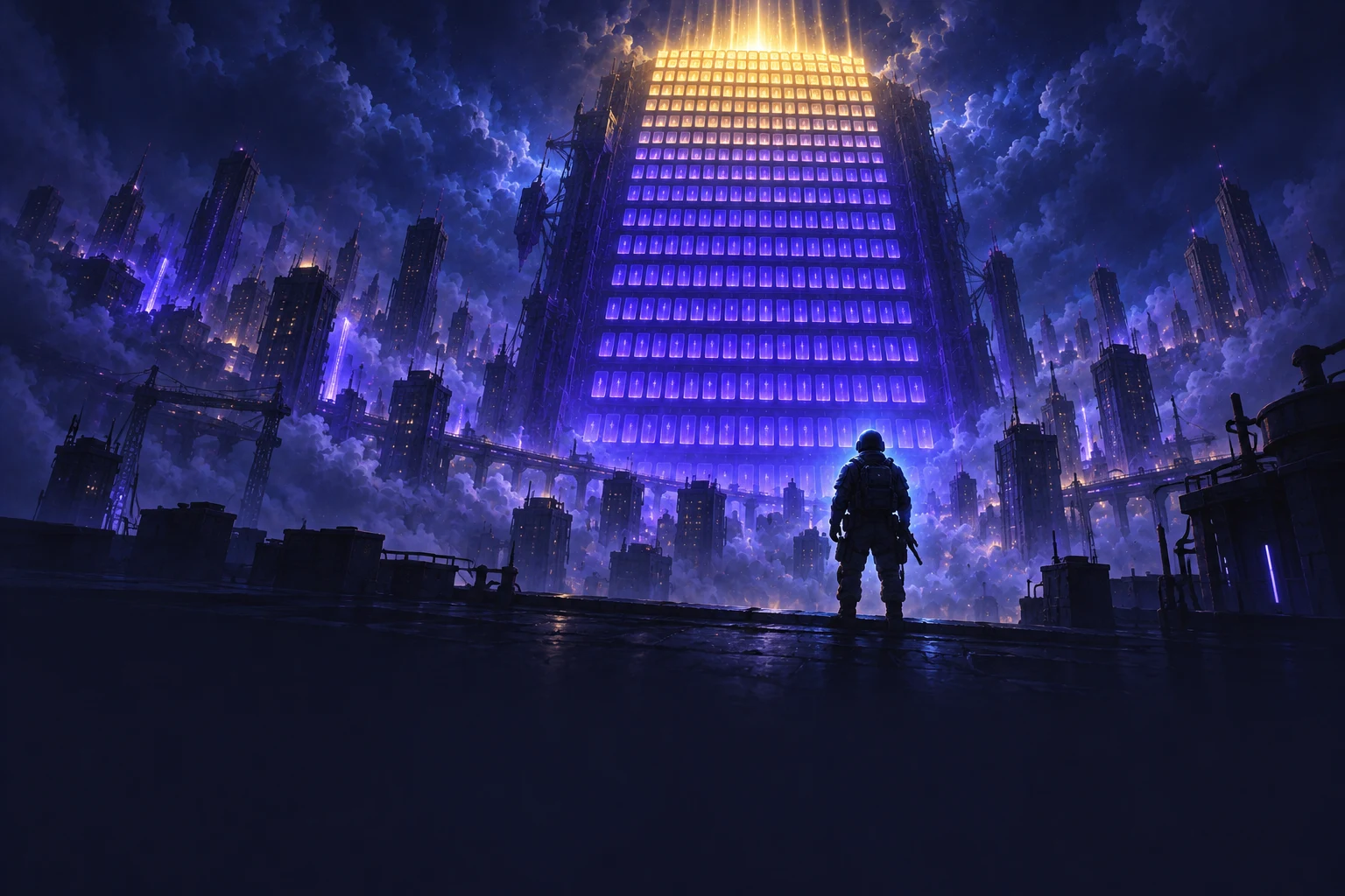 An operative on a night rooftop looking up at a tower of light that turns gold at the top