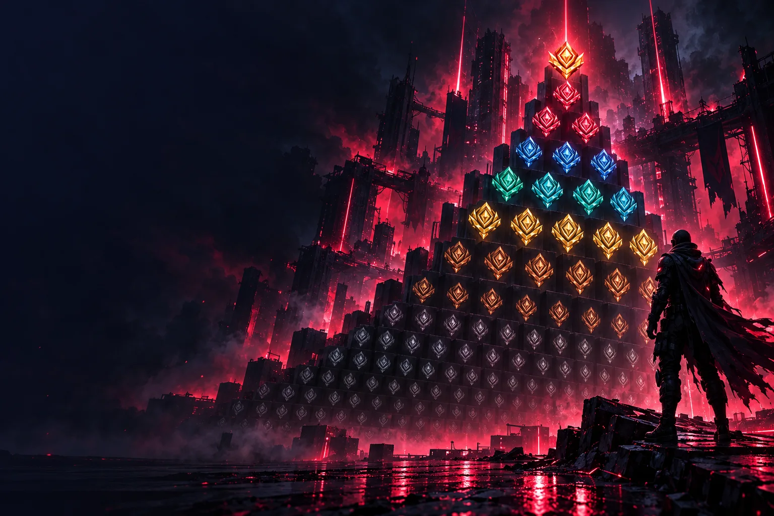 Valorant rank distribution pyramid: a tall stack of glowing rank crests rises from a wide dim base to one gold crest, an armored figure watching from the right